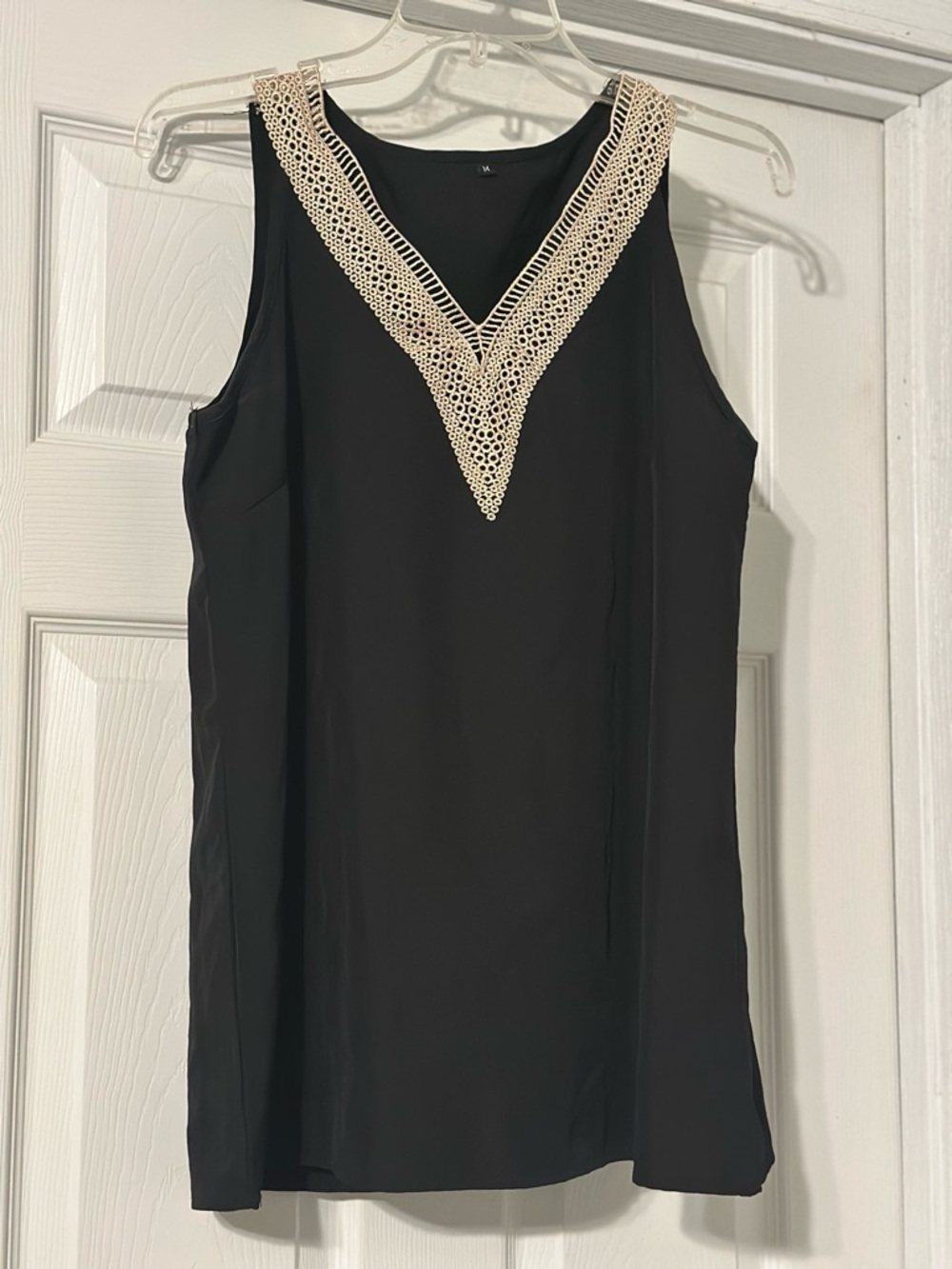 Black Sleeveless V-Neck Top with Cream Crochet Trim